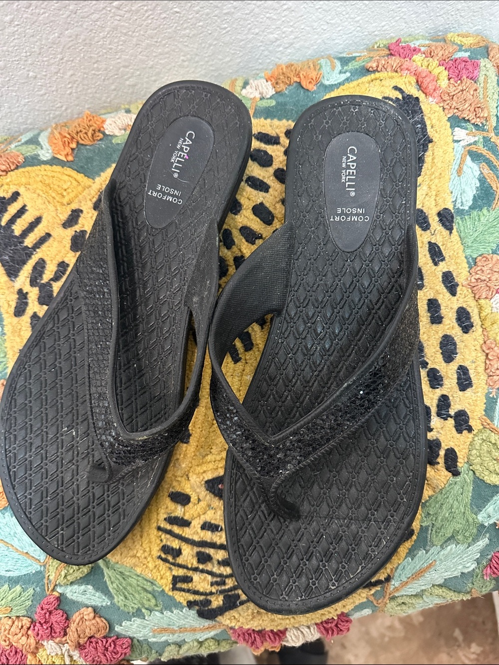 Capelli of New York Black Women's Comfort Flip Flop Sandals with Sparkle Straps